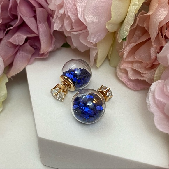 Double Stud Blue Star Confetti Crystal Earrings - Picture 6 of 16